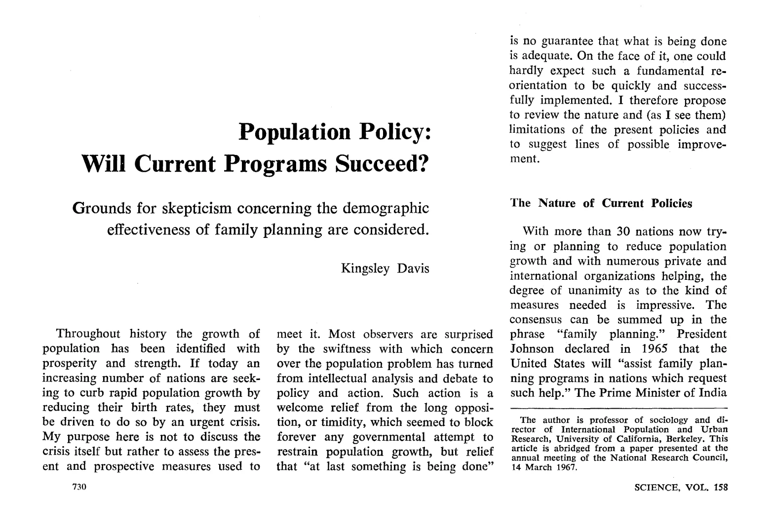 Première page de l'article Population Policy: Will Current Programs Succeed? par Kingsley Davis, Science vol. 158, 1967